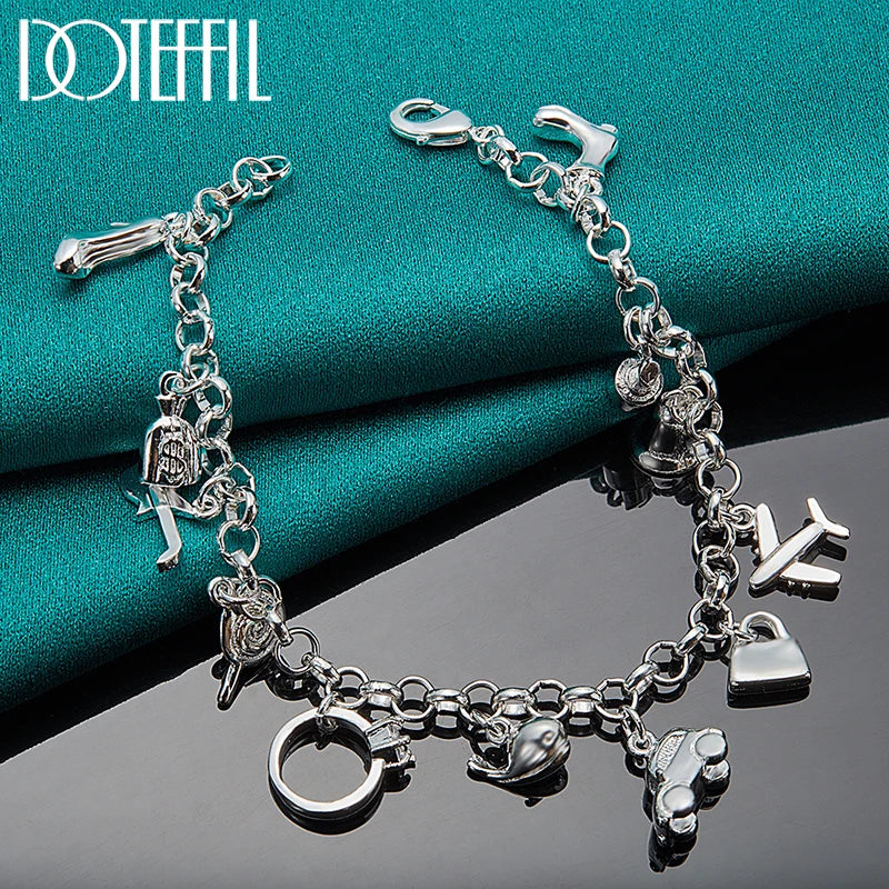 DOTEFFIL 925 Sterling Silver 18K Gold Shoe Bell Airplane Lock Car Fish Ring Lollipop Guitar Bracelet Chain Women Charm Jewelry