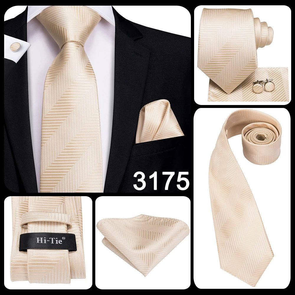 Hi-Tie Champagne Ivory Floral Solid Design Silk Wedding Tie For Men Quality Hanky Cufflink Fashion Nicktie Business Dropshipping
