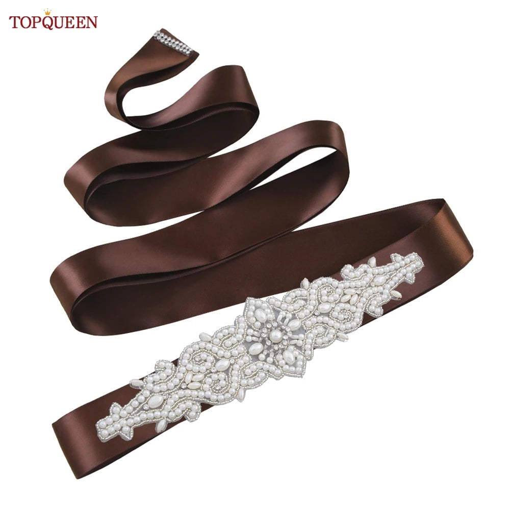 TOPQUEEN Wedding Dress Belt Luxury Full Pearl Bridal Belt Women Moroccan Decoration Satin Ribbon Belt Handmade Beaded S26A
