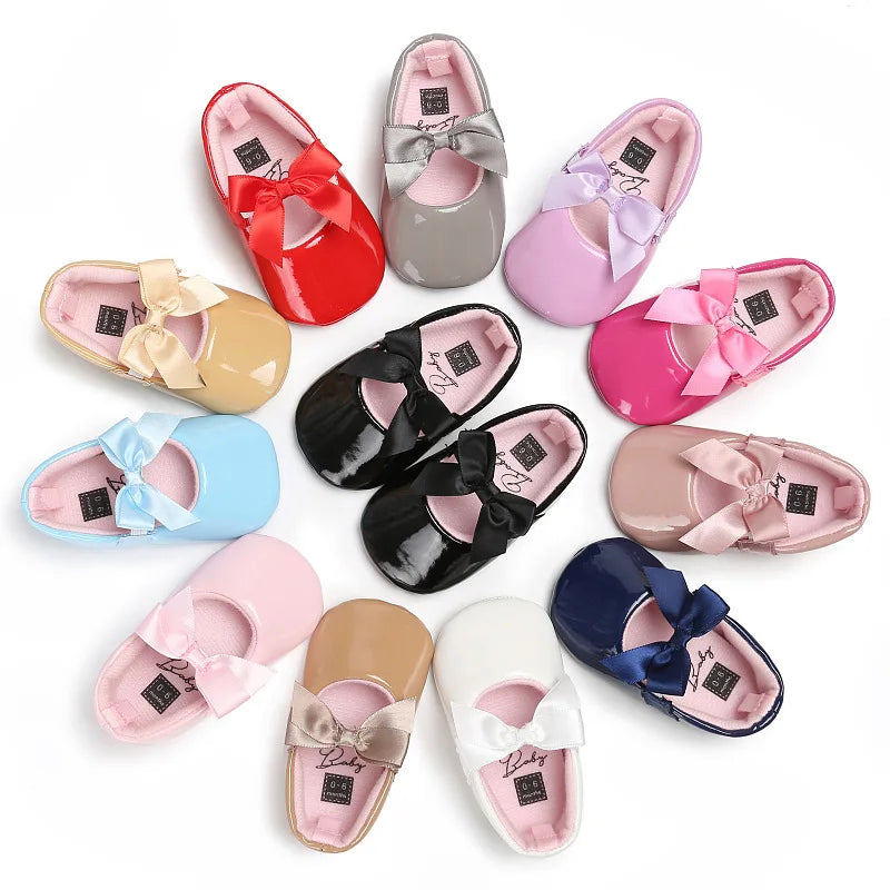 Newborn Baby Shoes Baby Girls Shoes PU Anti-slip Bowknot Classic Princess Dress Shoes First Walker Toddler Crib Shoe Moccasins