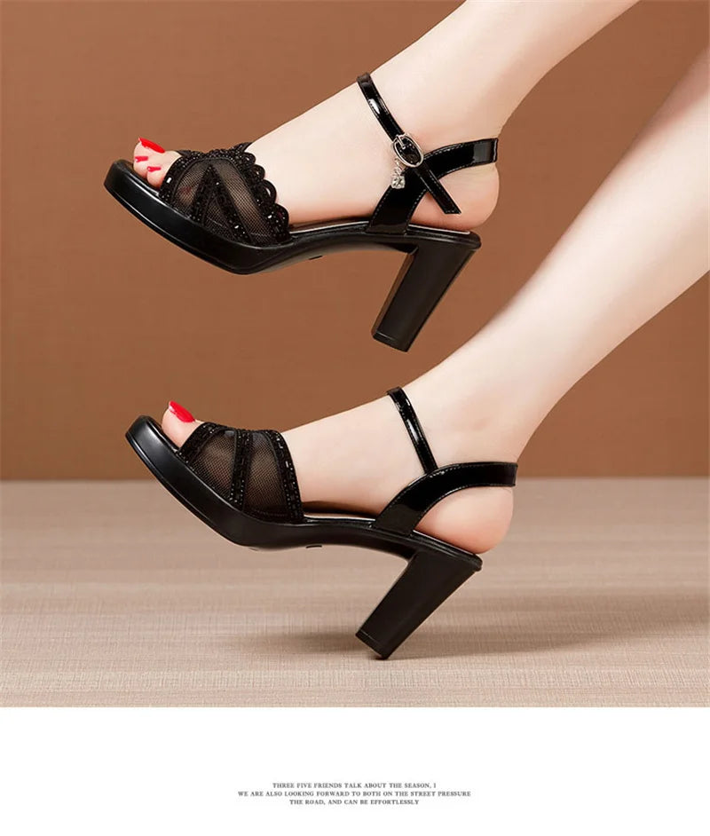 BEYARNE Big Size 32-43 Open Head Lace Platform Sandals Summer Shoes Block High Heels Sandals Women All Match Office Party