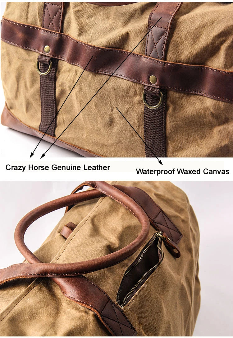 Vintage Waxed Canvas Men Luggage bag Genuine Leather Men Travel Bags Large Duffel Bags Weekend bag of trip Overnight carry on