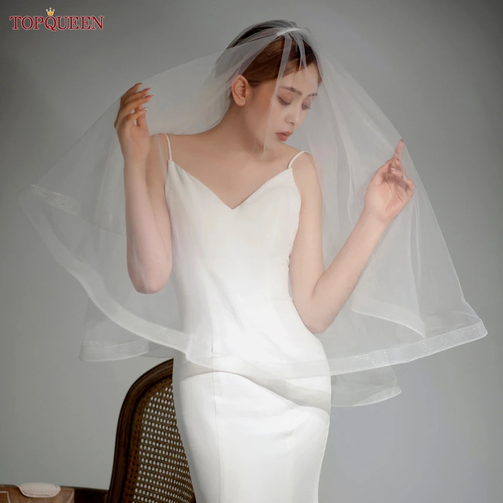 TOPQUEEN V69 Wedding Veil Fingertip Veil Two Tier Minimalist Bride Veil with Blusher Bridal Veils with Comb Dress Veil for Bride