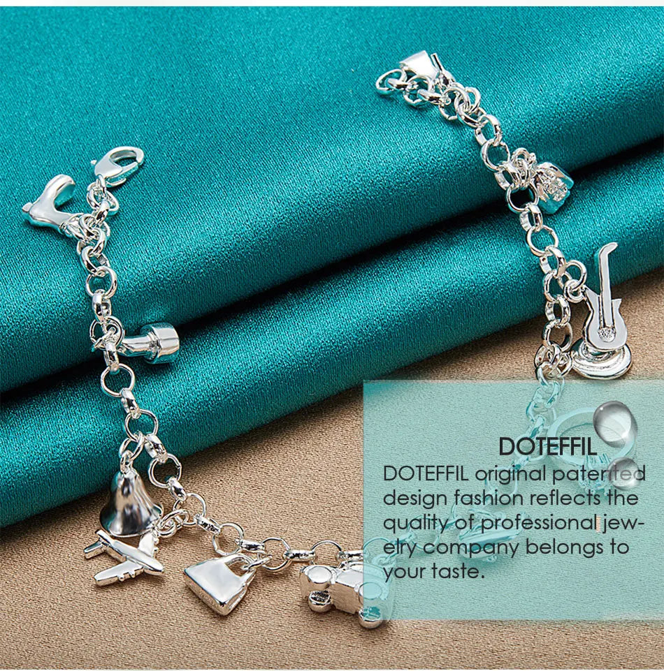 DOTEFFIL 925 Sterling Silver 18K Gold Shoe Bell Airplane Lock Car Fish Ring Lollipop Guitar Bracelet Chain Women Charm Jewelry