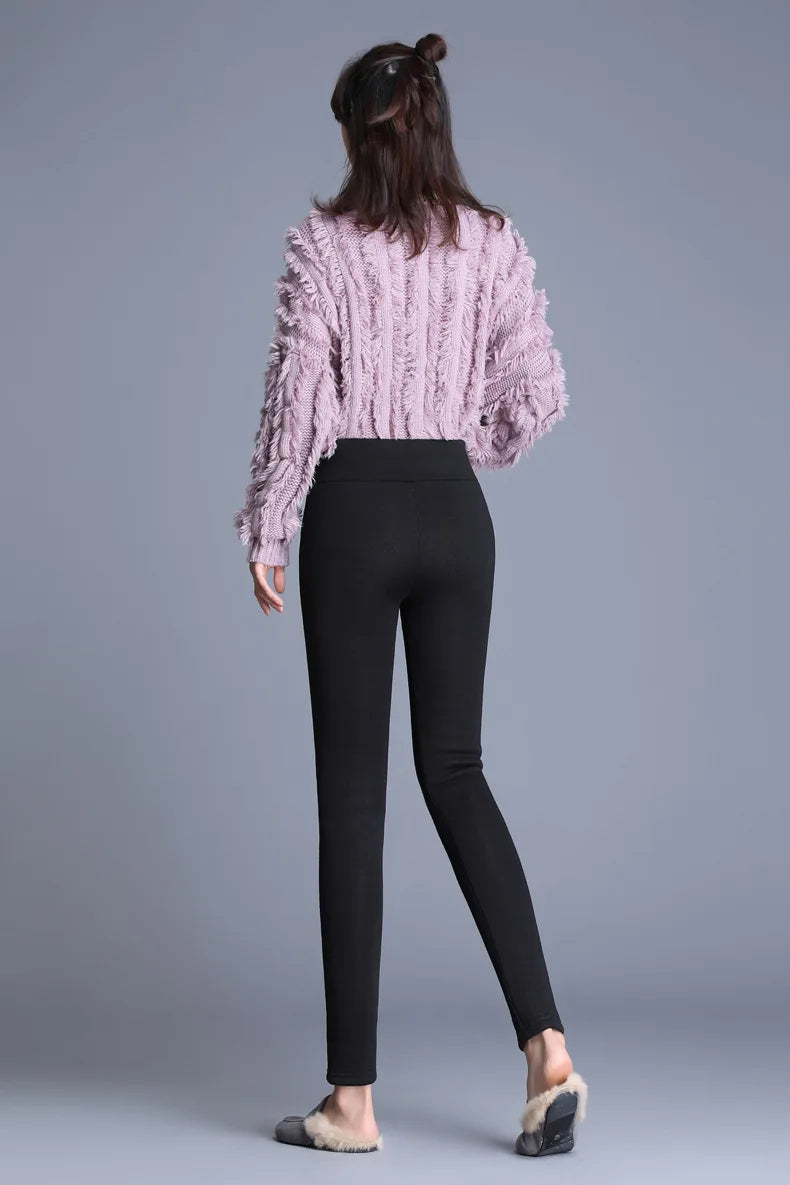 Winter Women Leggings Solid Warm Leggings Thicken Lambwool Hight Waist Fleece Keep Butt Lift High Stretchy Walking Pants Pocket