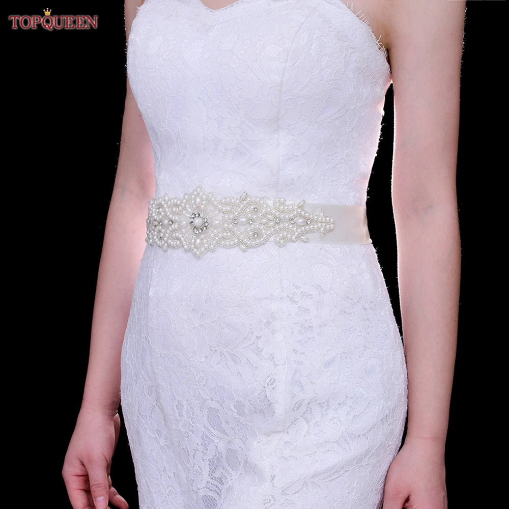 TOPQUEEN Wedding Dress Belt Luxury Full Pearl Bridal Belt Women Moroccan Decoration Satin Ribbon Belt Handmade Beaded S26A