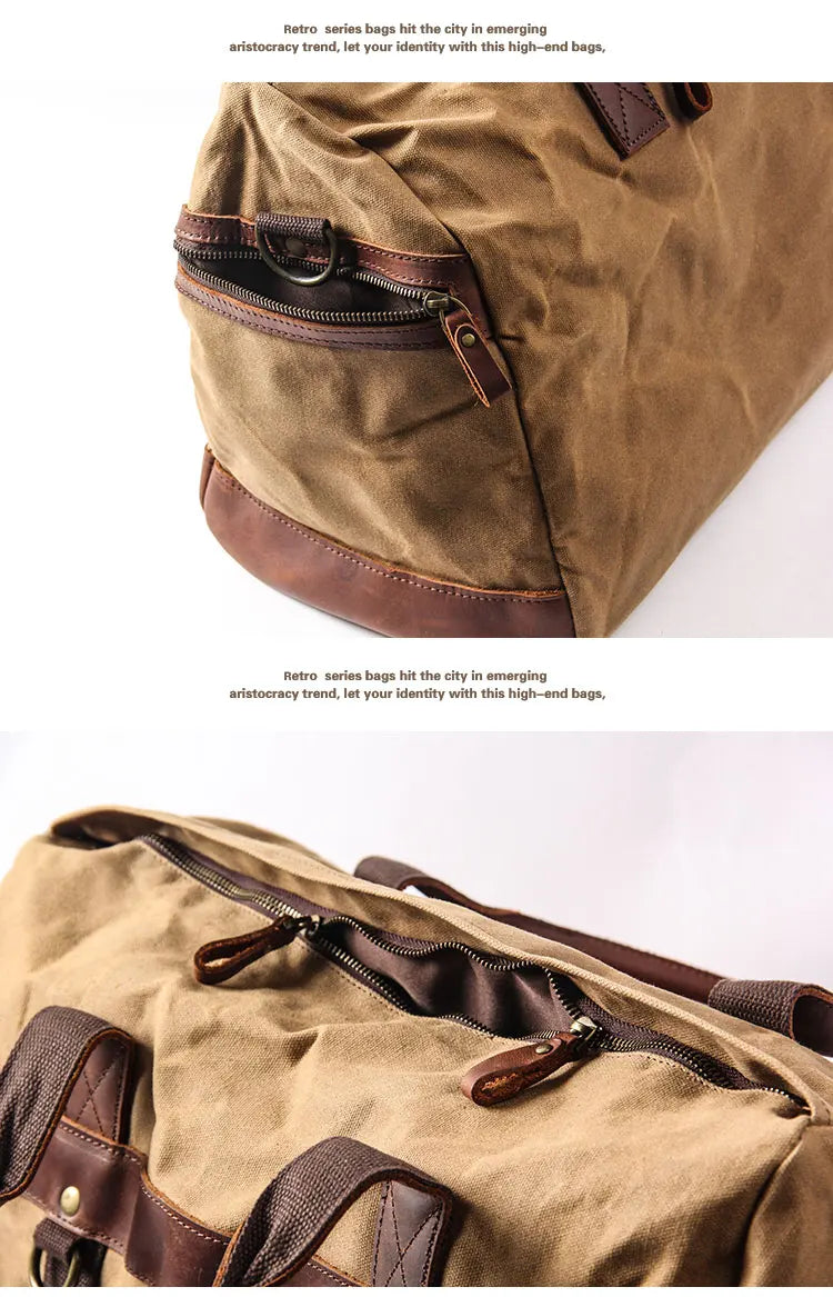 Vintage Waxed Canvas Men Luggage bag Genuine Leather Men Travel Bags Large Duffel Bags Weekend bag of trip Overnight carry on