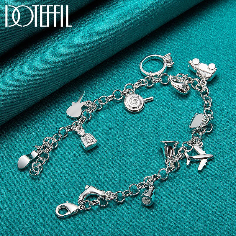 DOTEFFIL 925 Sterling Silver 18K Gold Shoe Bell Airplane Lock Car Fish Ring Lollipop Guitar Bracelet Chain Women Charm Jewelry