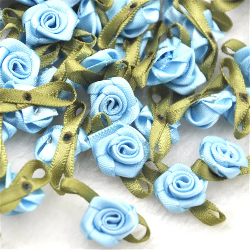 50PCS/Lot Mini Handmade Rose Flower Satin Ribbon Fabric Appliques For Wedding Decoration Craft Sewing Accessories B039