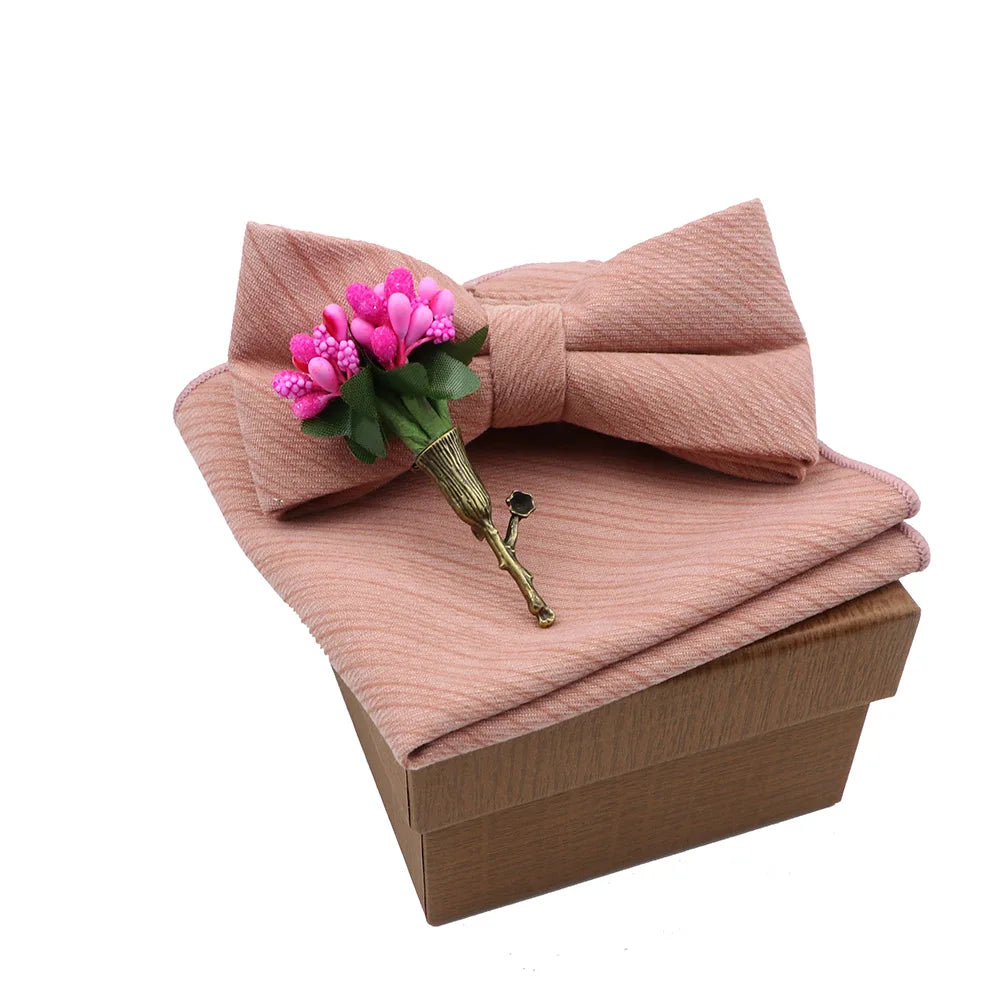 Solid Color Cotton Bowtie Handkerchief Flower Brooch Set For Men Women Party Wedding Blue Pink Green Bowties Novelty Ties Gift