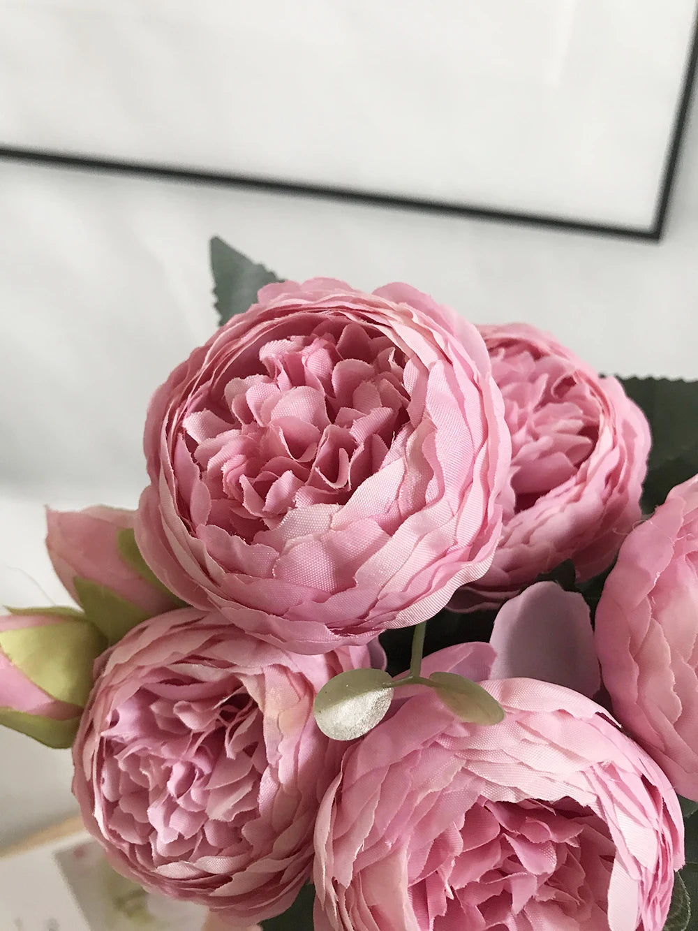 30cm Rose Pink Silk Bouquet Peony Artificial Flowers 5 Big Heads 4 Small Bud Bride Wedding Home Decoration Fake Flowers Faux