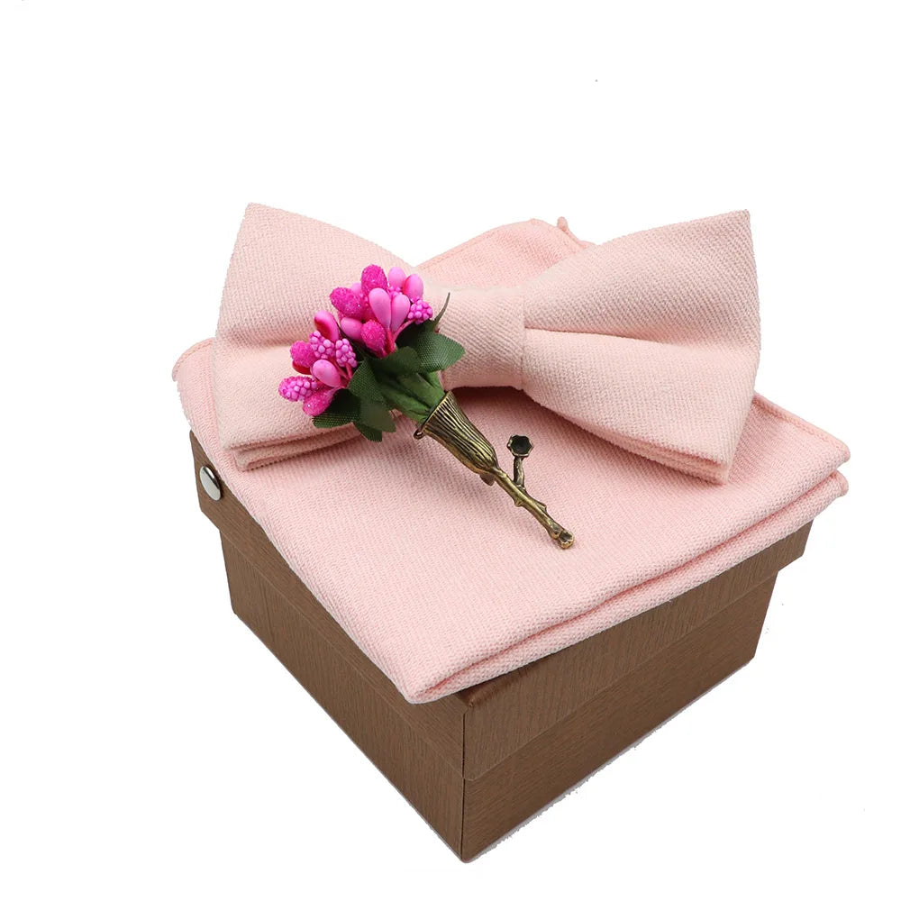 Solid Color Cotton Bowtie Handkerchief Flower Brooch Set For Men Women Party Wedding Blue Pink Green Bowties Novelty Ties Gift