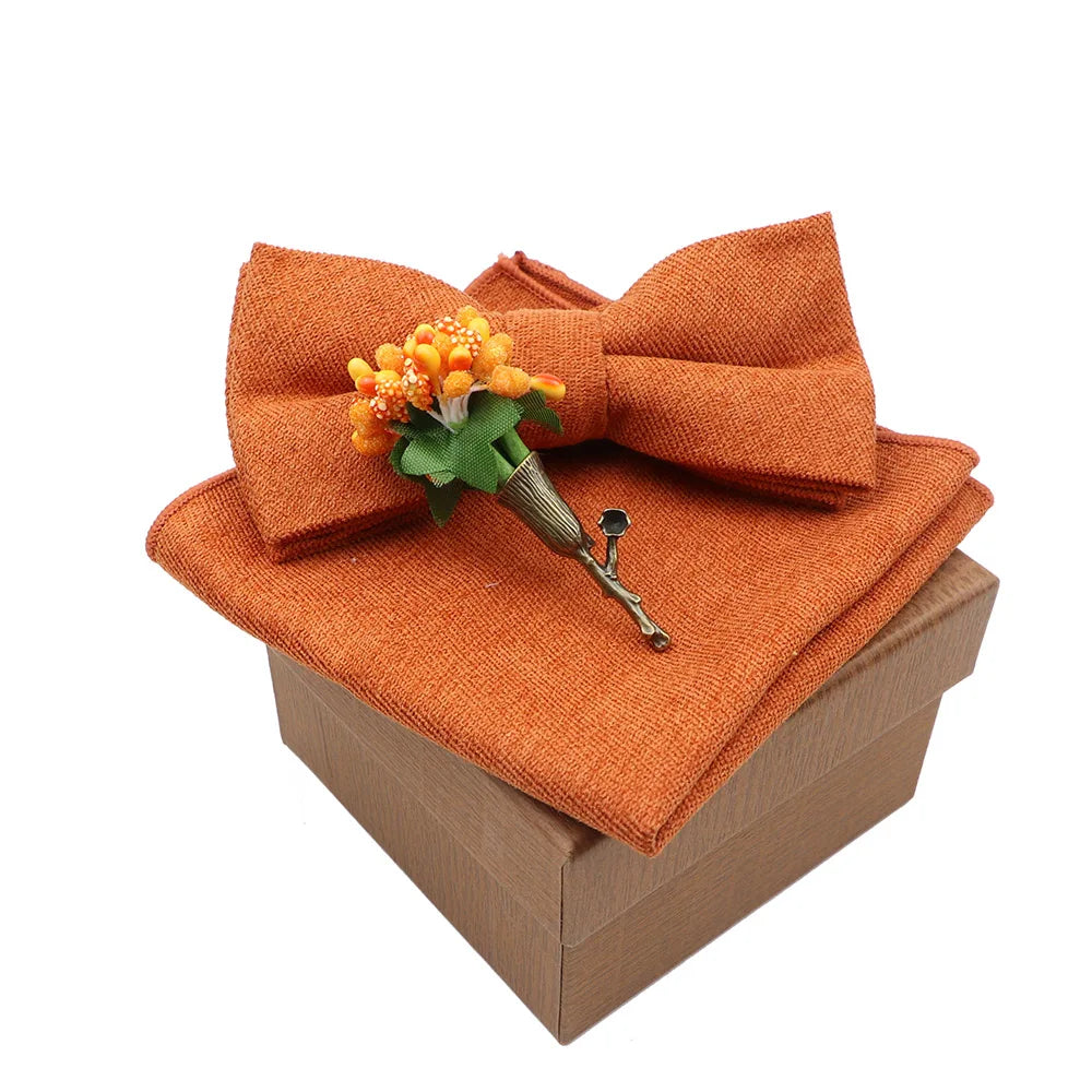 Solid Color Cotton Bowtie Handkerchief Flower Brooch Set For Men Women Party Wedding Blue Pink Green Bowties Novelty Ties Gift
