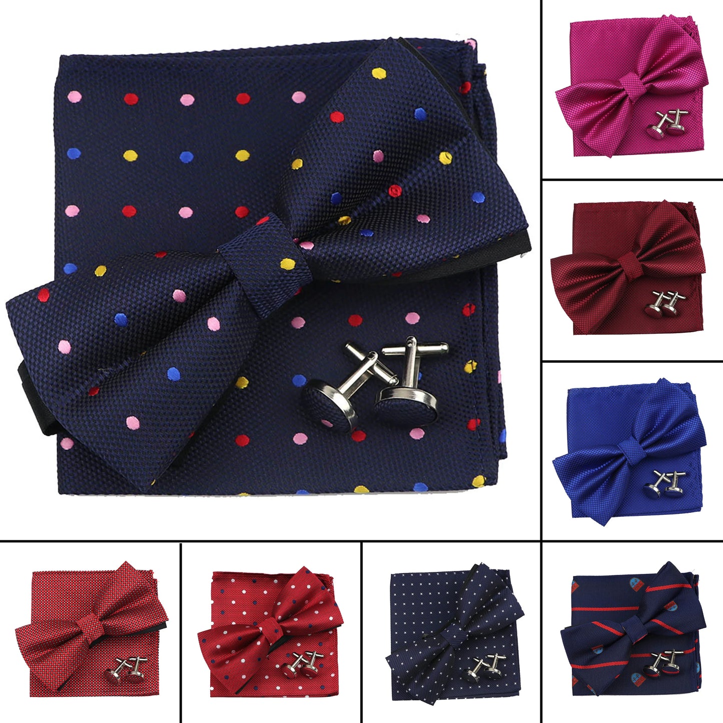 3PC Mens Bowtie Set Fashion Dot Solid Polyester Bow Tie Handkerchief Cufflinks Bar Party Wedding Business Daily Wear Accessories