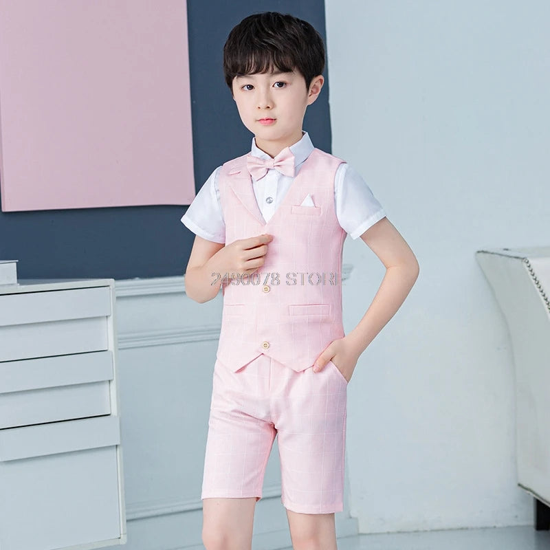 2021 Boys Formal Suits Summer Short Sleeve Blazer+Shorts 2pcs Children Kids Wedding Clothing Sets Prom Performance Costumes