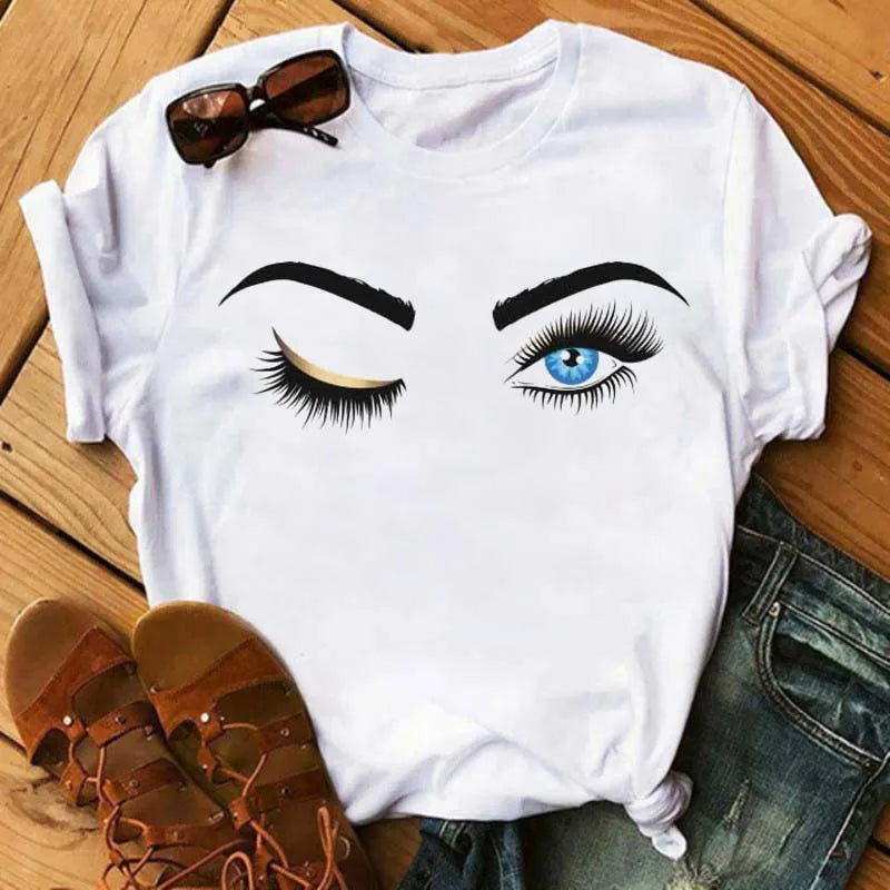 Maycaur New Cute Eye Lashes Red Lips Print Women T Shirt Summer Casual Short Sleeve O Neck T-shirt Fashion Ladies Shirt Tops