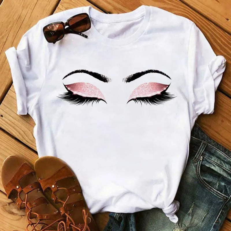 Maycaur New Cute Eye Lashes Red Lips Print Women T Shirt Summer Casual Short Sleeve O Neck T-shirt Fashion Ladies Shirt Tops