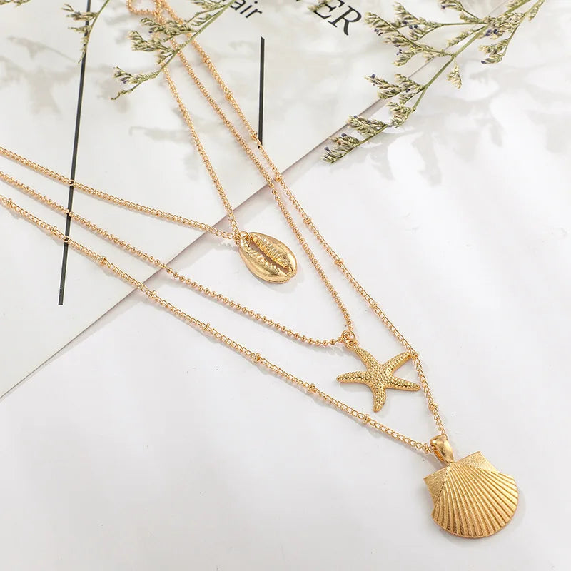 KSRA 2019 Fashion Popular Beach Street Shot Alloy Shell Starfish Scallop Multi-layer Female Necklace