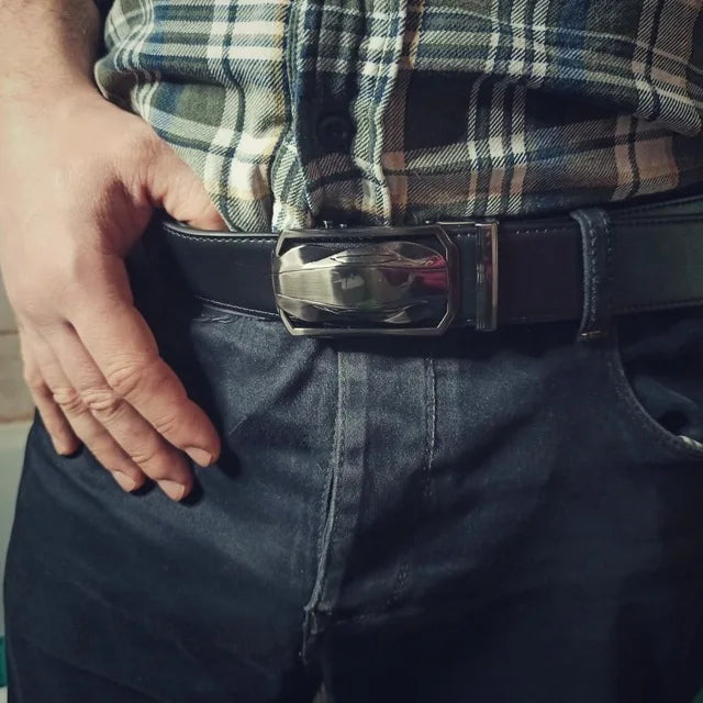 Men’s Genuine Leather Ratchet Dress Belt with Automatic Sliding Buckle Plus Size