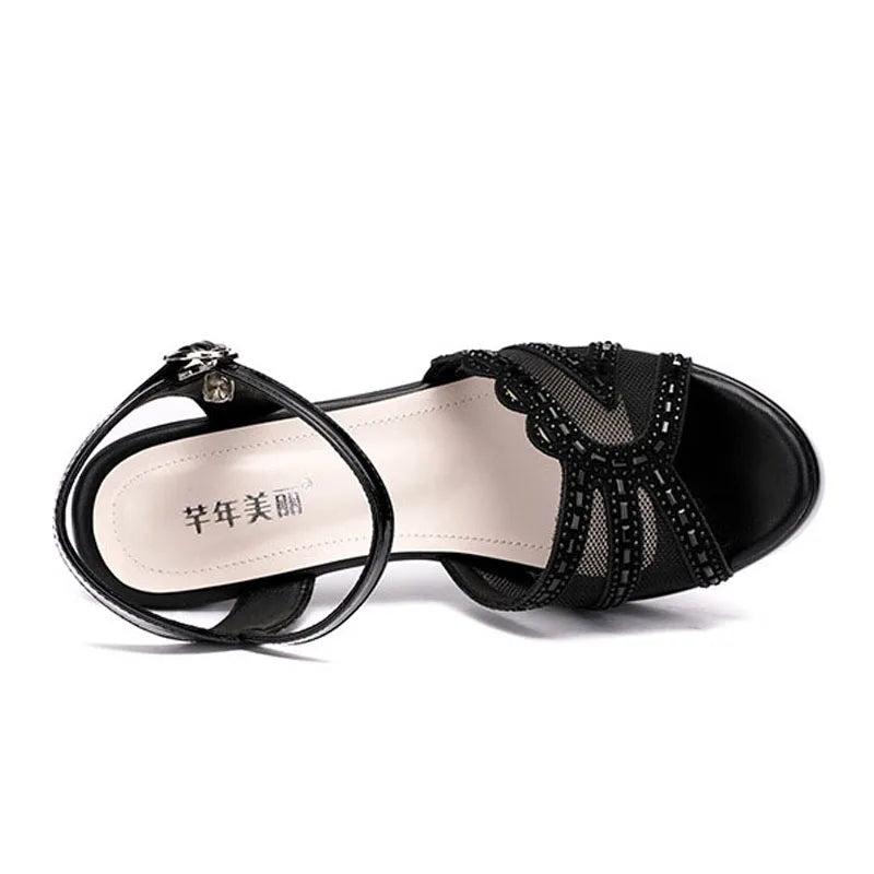 BEYARNE Big Size 32-43 Open Head Lace Platform Sandals Summer Shoes Block High Heels Sandals Women All Match Office Party