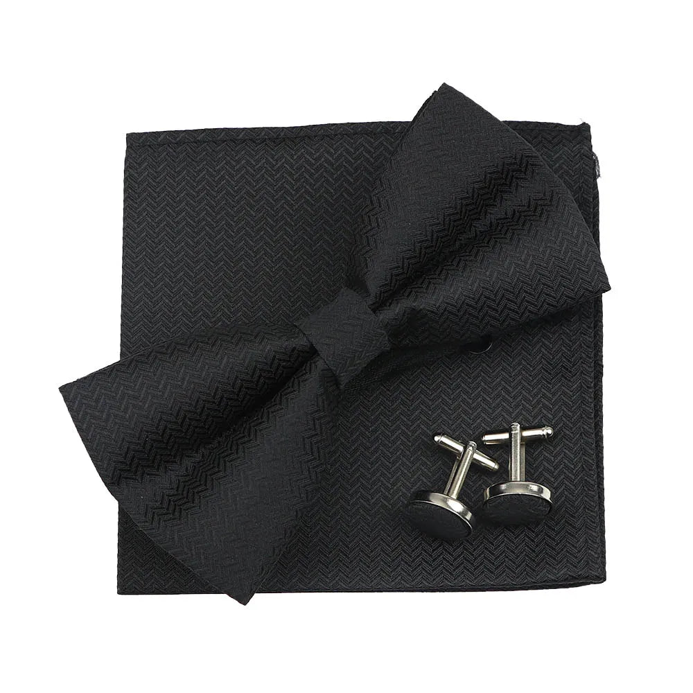 3PC Mens Bowtie Set Fashion Dot Solid Polyester Bow Tie Handkerchief Cufflinks Bar Party Wedding Business Daily Wear Accessories
