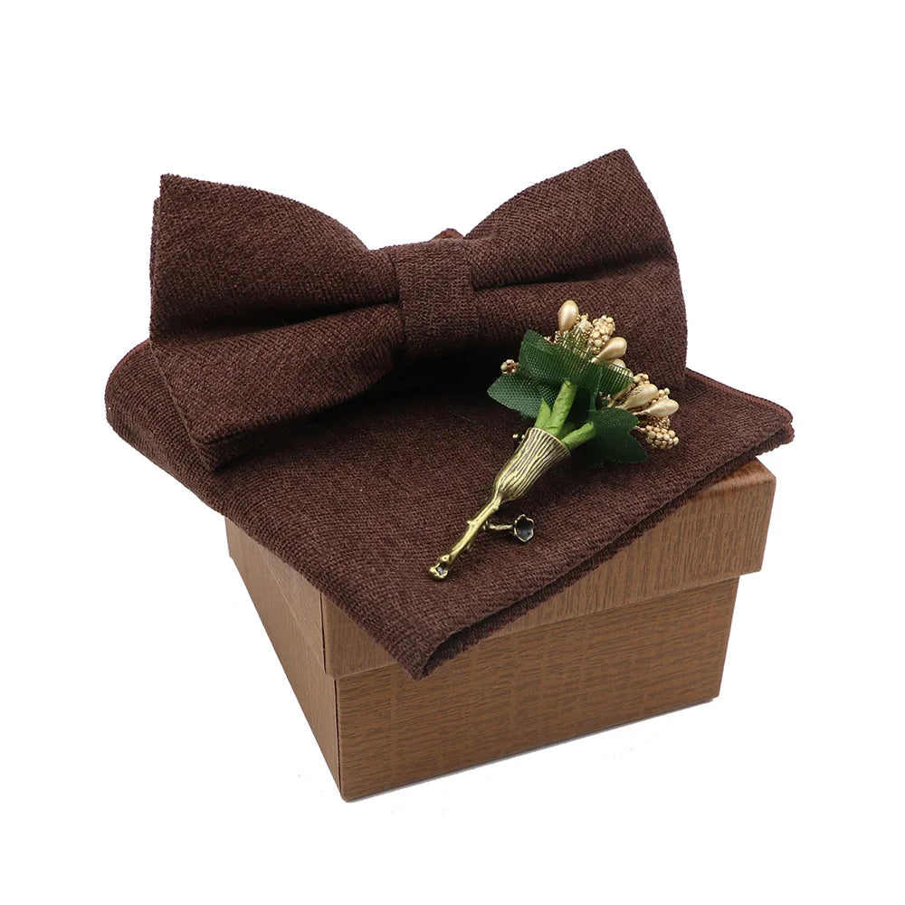 Solid Color Cotton Bowtie Handkerchief Flower Brooch Set For Men Women Party Wedding Blue Pink Green Bowties Novelty Ties Gift