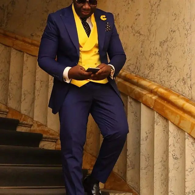Men Suits Light Navy Blue and Black Groom Tuxedos Shawl Lapel Groomsmen Wedding Best Man ( Jacket+Pants+Bow Tie+Vest ) C684
