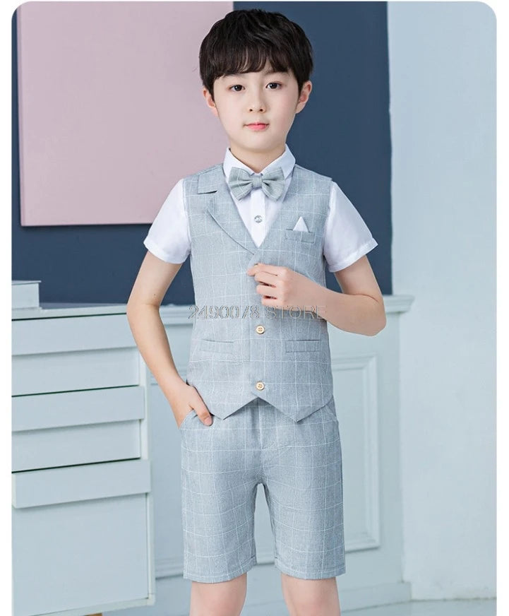 2021 Boys Formal Suits Summer Short Sleeve Blazer+Shorts 2pcs Children Kids Wedding Clothing Sets Prom Performance Costumes