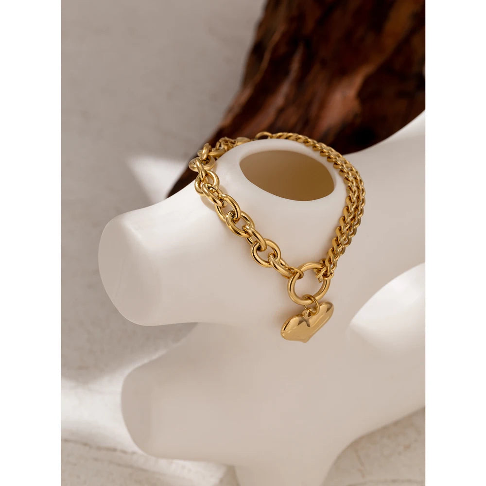 Yhpup Statement Heart Pendant Bracelet Stainless Steel Gold 18 K Plated Jewelry Trendy Metal Texture Accessories for Women
