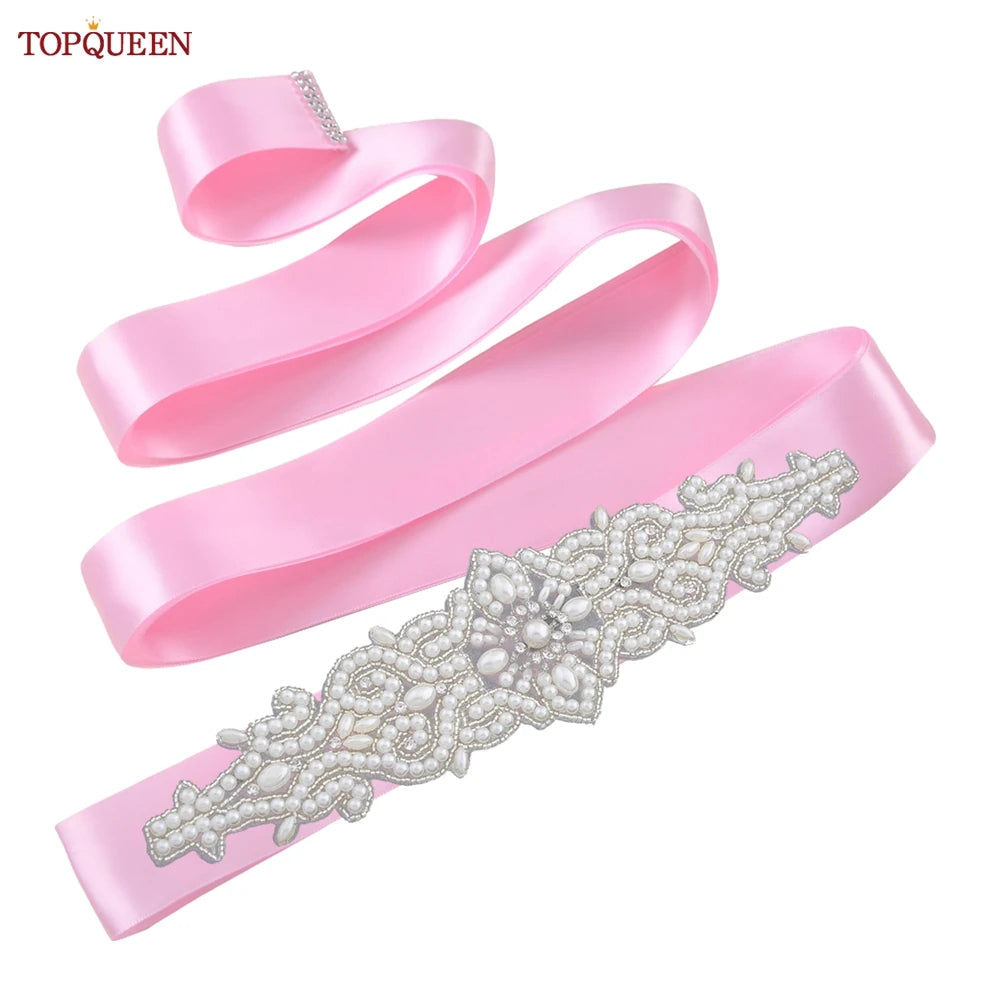 TOPQUEEN Wedding Dress Belt Luxury Full Pearl Bridal Belt Women Moroccan Decoration Satin Ribbon Belt Handmade Beaded S26A