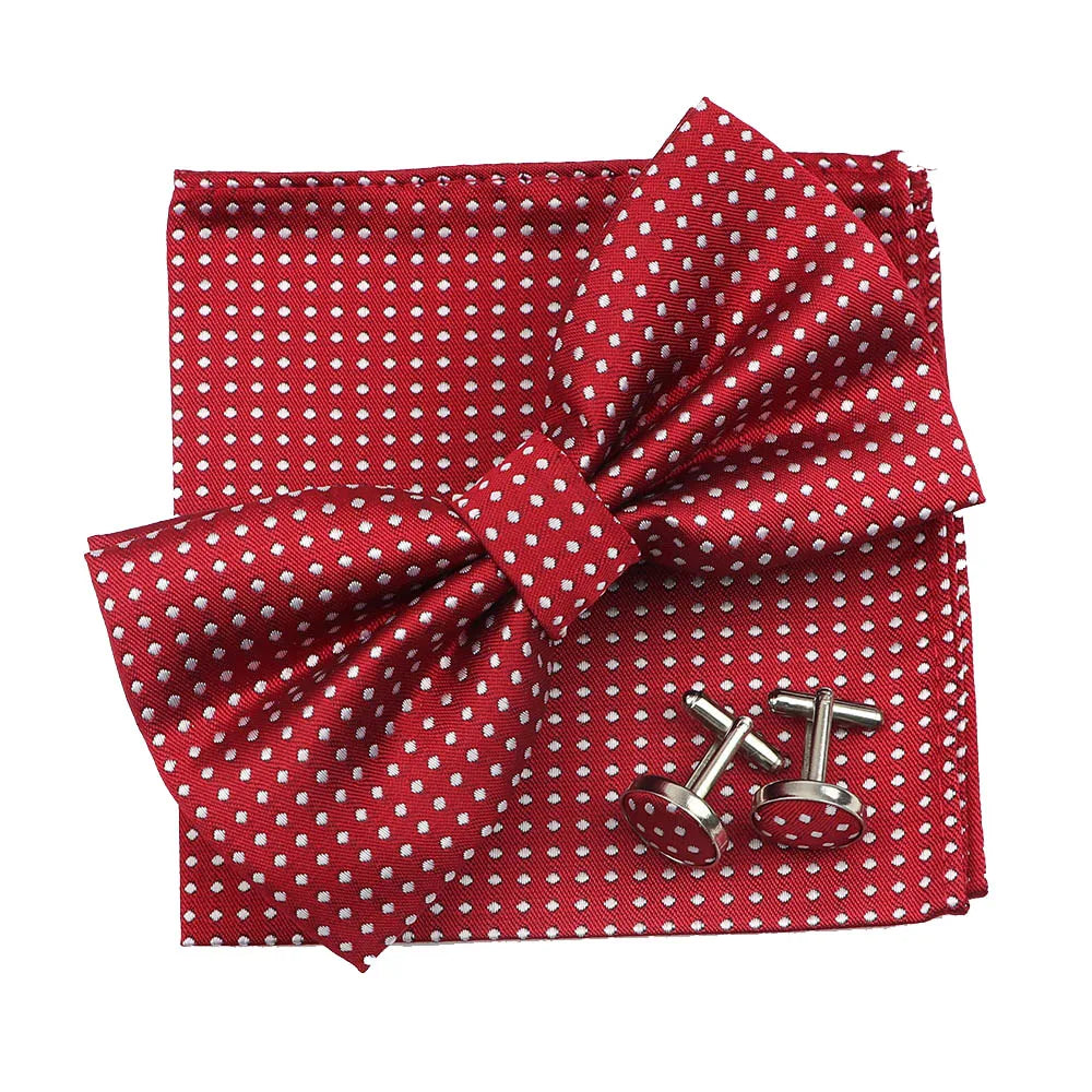 3PC Mens Bowtie Set Fashion Dot Solid Polyester Bow Tie Handkerchief Cufflinks Bar Party Wedding Business Daily Wear Accessories