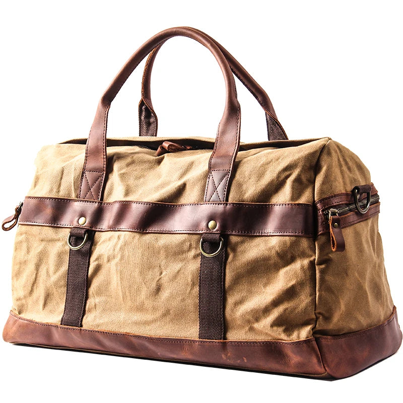 Vintage Waxed Canvas Men Luggage bag Genuine Leather Men Travel Bags Large Duffel Bags Weekend bag of trip Overnight carry on
