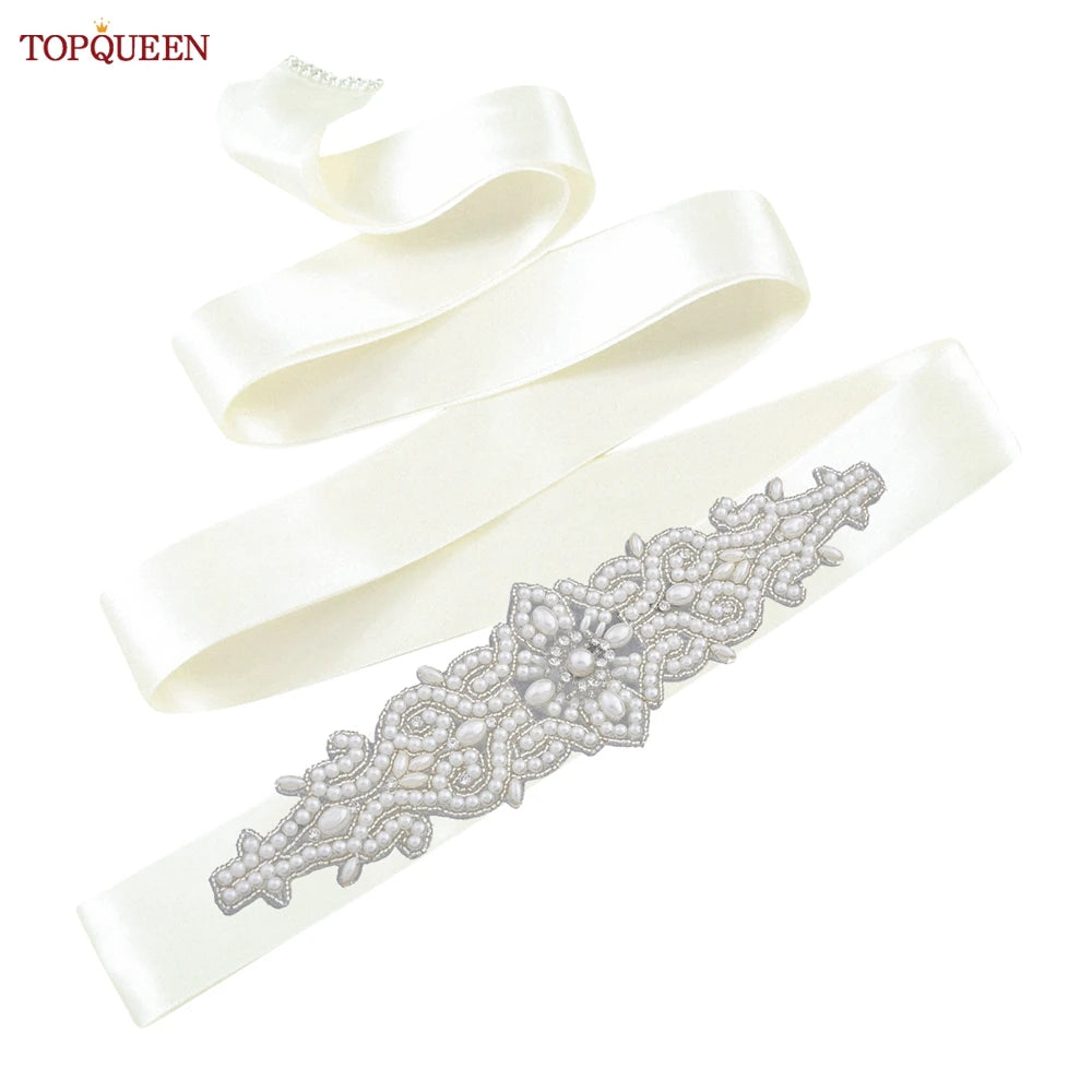 TOPQUEEN Wedding Dress Belt Luxury Full Pearl Bridal Belt Women Moroccan Decoration Satin Ribbon Belt Handmade Beaded S26A