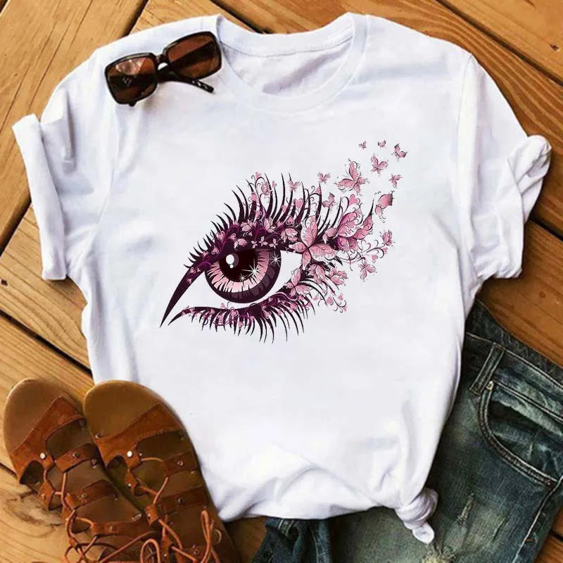 Maycaur New Cute Eye Lashes Red Lips Print Women T Shirt Summer Casual Short Sleeve O Neck T-shirt Fashion Ladies Shirt Tops