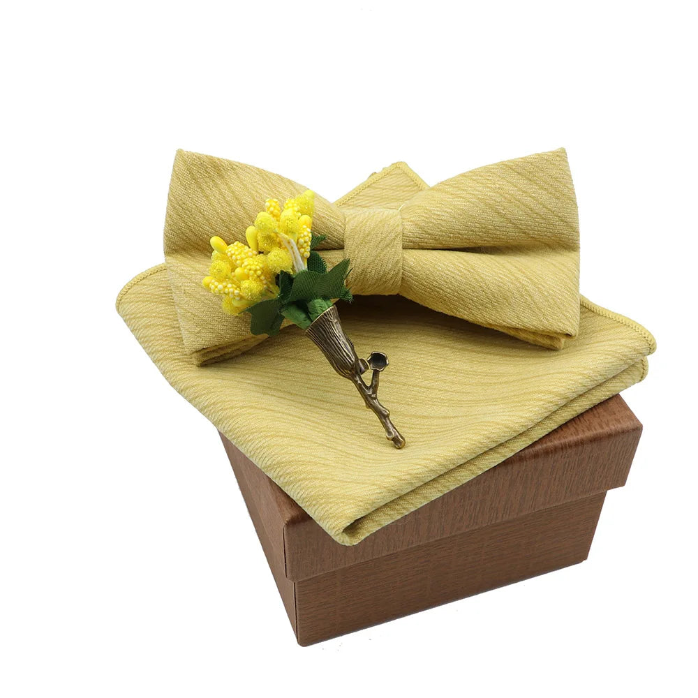 Solid Color Cotton Bowtie Handkerchief Flower Brooch Set For Men Women Party Wedding Blue Pink Green Bowties Novelty Ties Gift