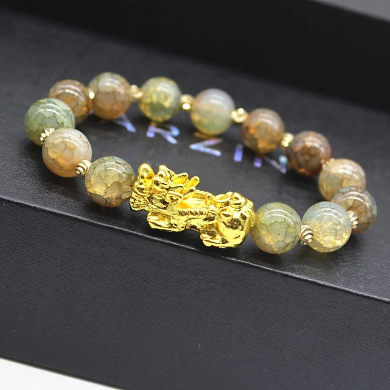 New 10mm Obsidian Stone Pixiu Bracelet For Men Women Unisex Wristband Golden Plated Black Bangles Pixiu Party Gift Jewelry