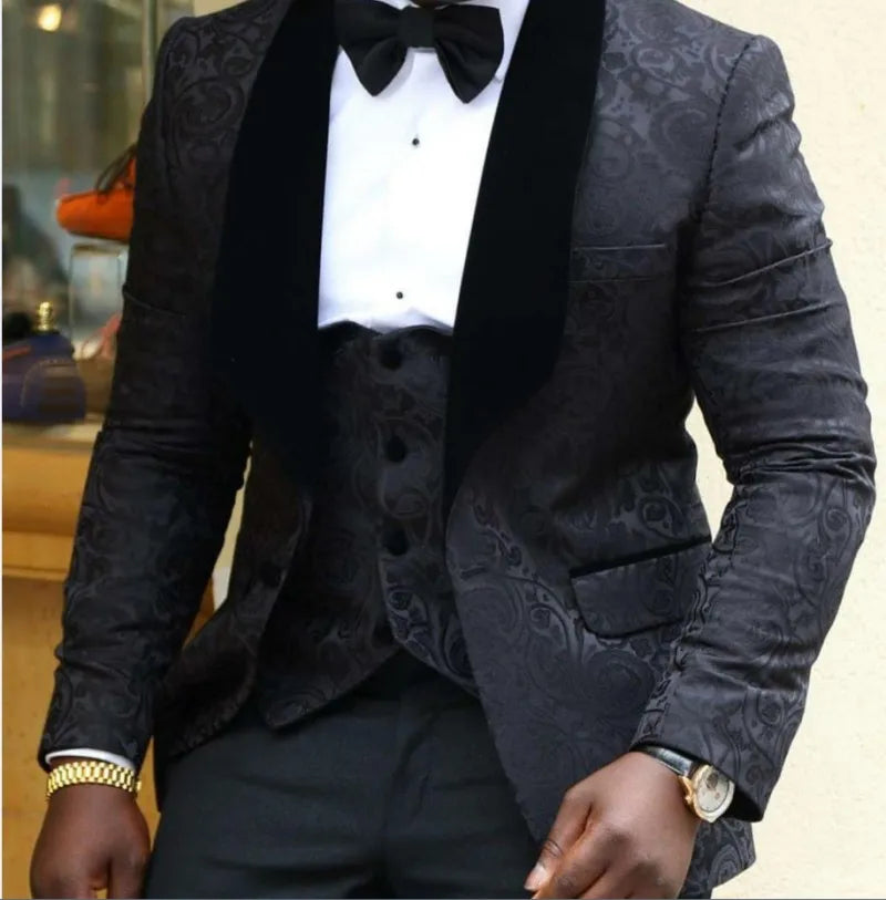 Men Suits Light Navy Blue and Black Groom Tuxedos Shawl Lapel Groomsmen Wedding Best Man ( Jacket+Pants+Bow Tie+Vest ) C684