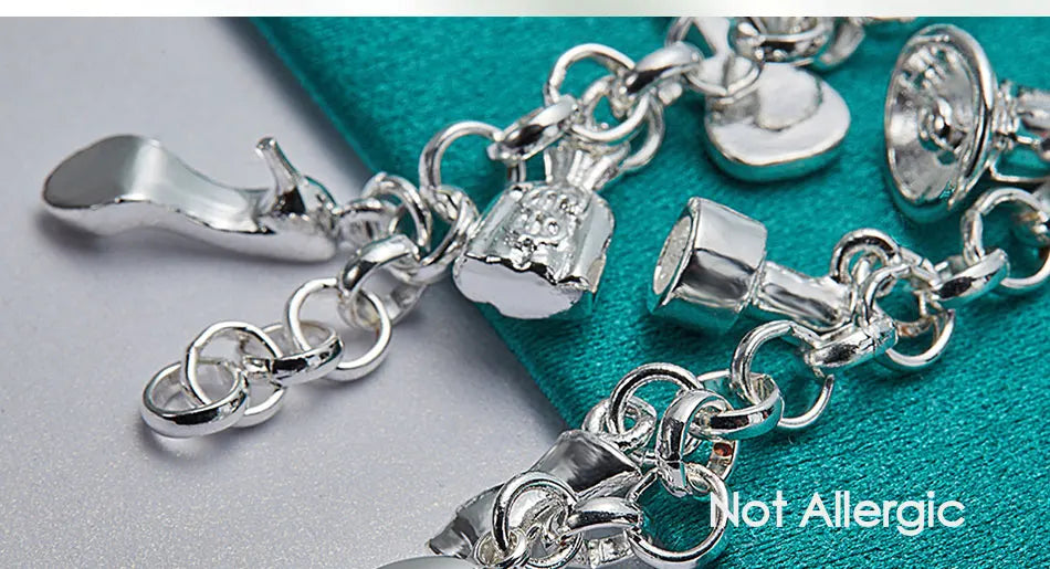 DOTEFFIL 925 Sterling Silver 18K Gold Shoe Bell Airplane Lock Car Fish Ring Lollipop Guitar Bracelet Chain Women Charm Jewelry