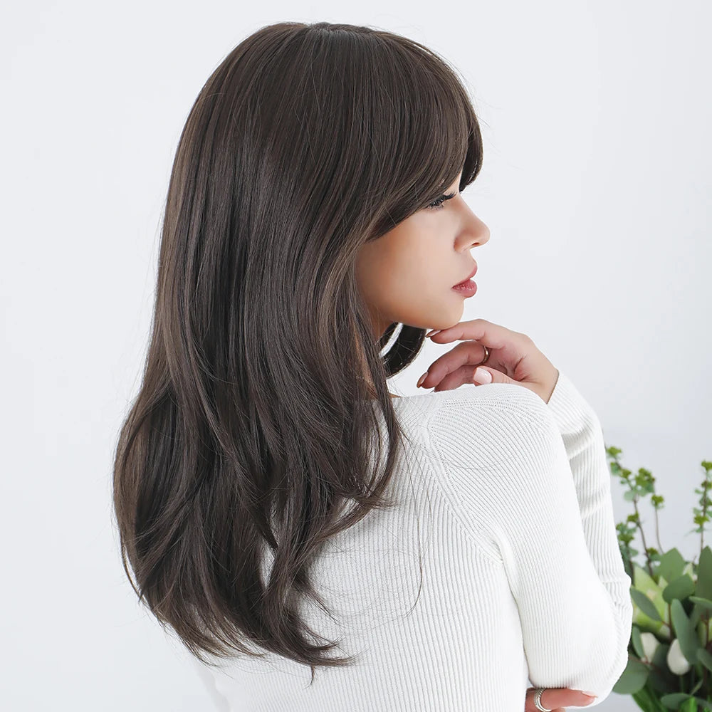 New Synthetic Long Straight Wigs Black Brown Wigs with Side Bangs Heat Resistant Lady Wigs for African American Women Hair