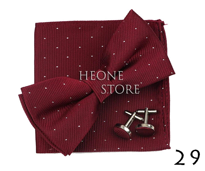 3PC Mens Bowtie Set Fashion Dot Solid Polyester Bow Tie Handkerchief Cufflinks Bar Party Wedding Business Daily Wear Accessories
