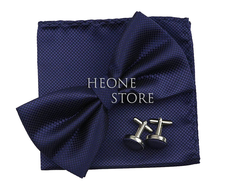 3PC Mens Bowtie Set Fashion Dot Solid Polyester Bow Tie Handkerchief Cufflinks Bar Party Wedding Business Daily Wear Accessories