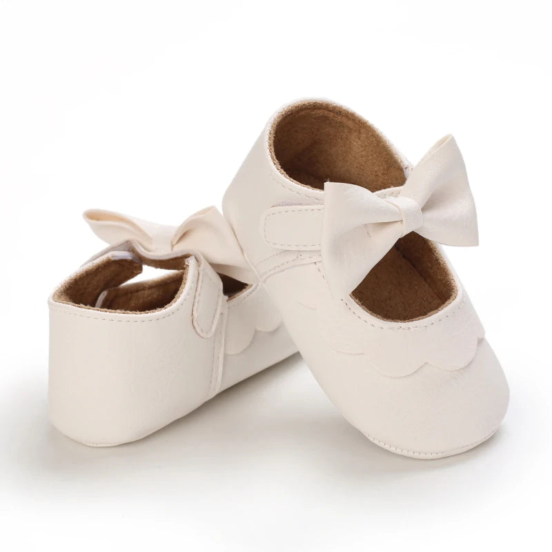 VALEN SINA 0-18 Months Newborn Girl White Baptism Shoes Bow Non-slip Rubber Soft-Sole Flat PU First Walker Mary Janes