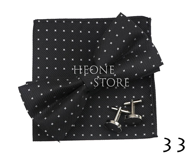 3PC Mens Bowtie Set Fashion Dot Solid Polyester Bow Tie Handkerchief Cufflinks Bar Party Wedding Business Daily Wear Accessories