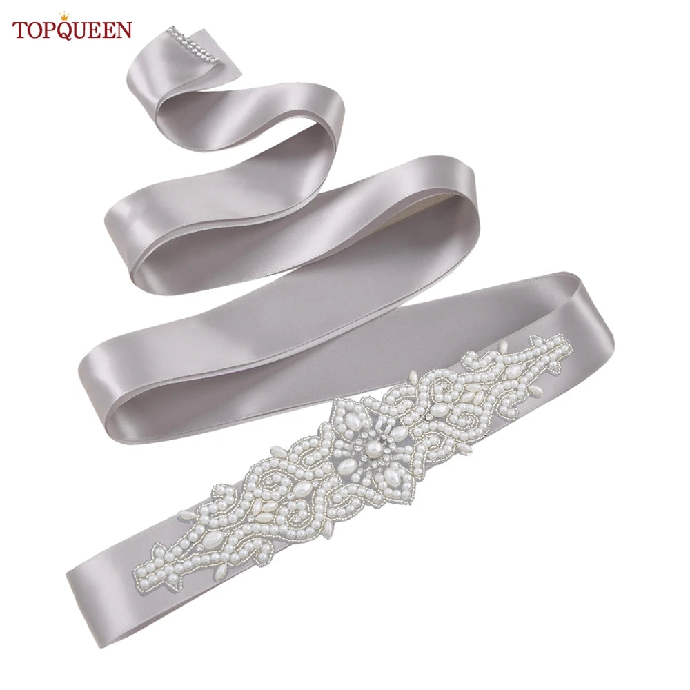 TOPQUEEN Wedding Dress Belt Luxury Full Pearl Bridal Belt Women Moroccan Decoration Satin Ribbon Belt Handmade Beaded S26A