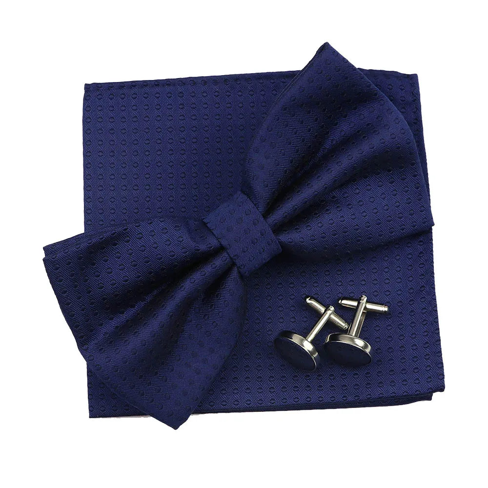 3PC Mens Bowtie Set Fashion Dot Solid Polyester Bow Tie Handkerchief Cufflinks Bar Party Wedding Business Daily Wear Accessories