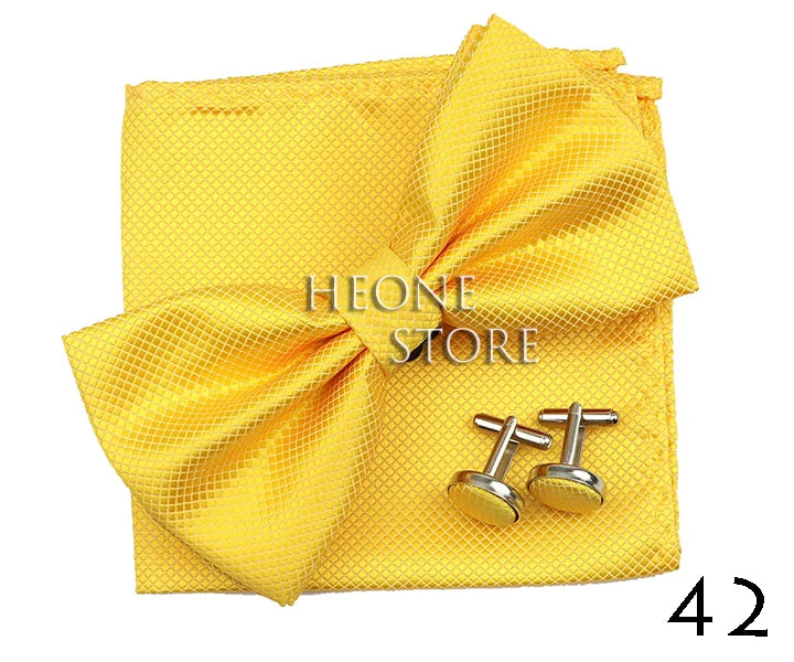 3PC Mens Bowtie Set Fashion Dot Solid Polyester Bow Tie Handkerchief Cufflinks Bar Party Wedding Business Daily Wear Accessories