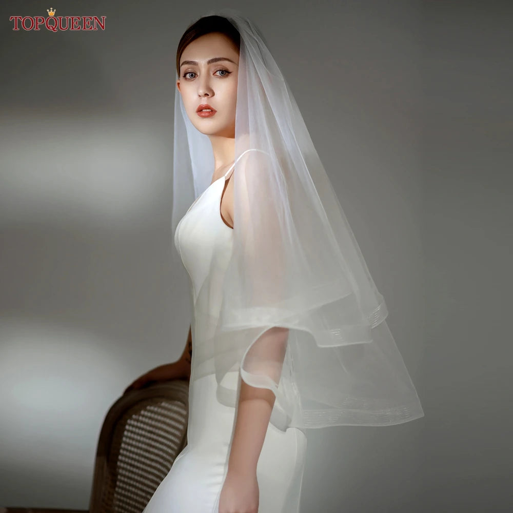 TOPQUEEN V69 Wedding Veil Fingertip Veil Two Tier Minimalist Bride Veil with Blusher Bridal Veils with Comb Dress Veil for Bride