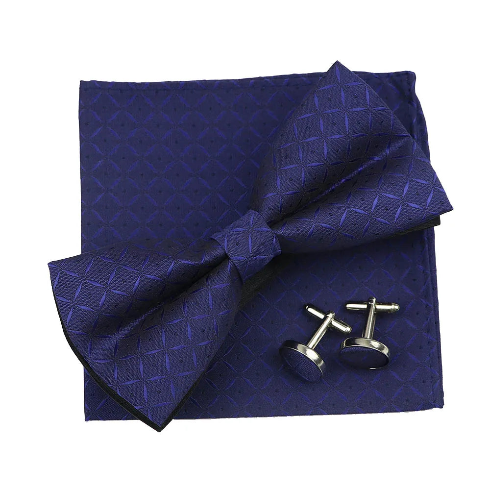 3PC Mens Bowtie Set Fashion Dot Solid Polyester Bow Tie Handkerchief Cufflinks Bar Party Wedding Business Daily Wear Accessories