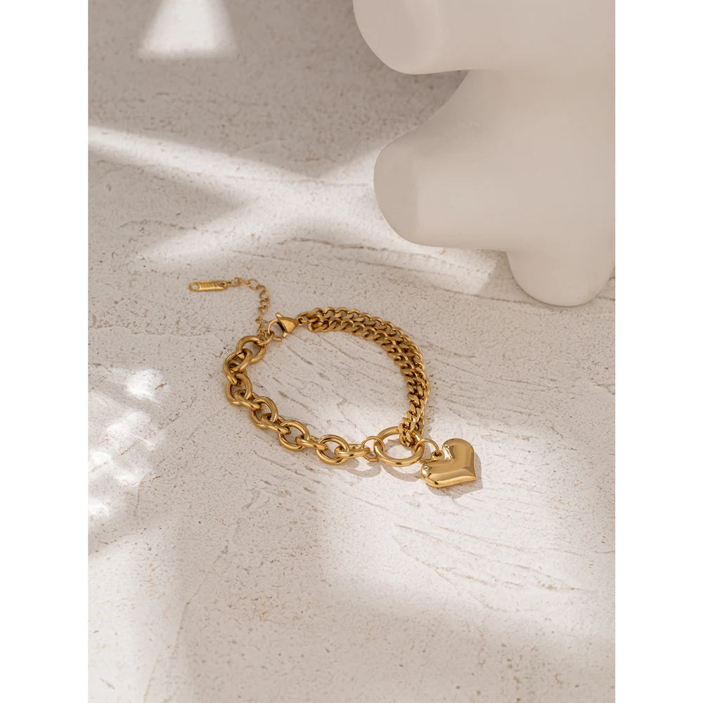 Yhpup Statement Heart Pendant Bracelet Stainless Steel Gold 18 K Plated Jewelry Trendy Metal Texture Accessories for Women