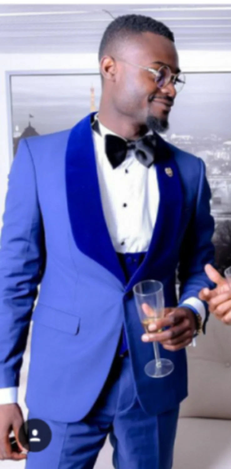 Men Suits Light Navy Blue and Black Groom Tuxedos Shawl Lapel Groomsmen Wedding Best Man ( Jacket+Pants+Bow Tie+Vest ) C684